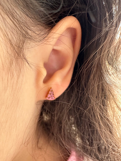 Pink Christmas Trees | Gold Studs Earrings