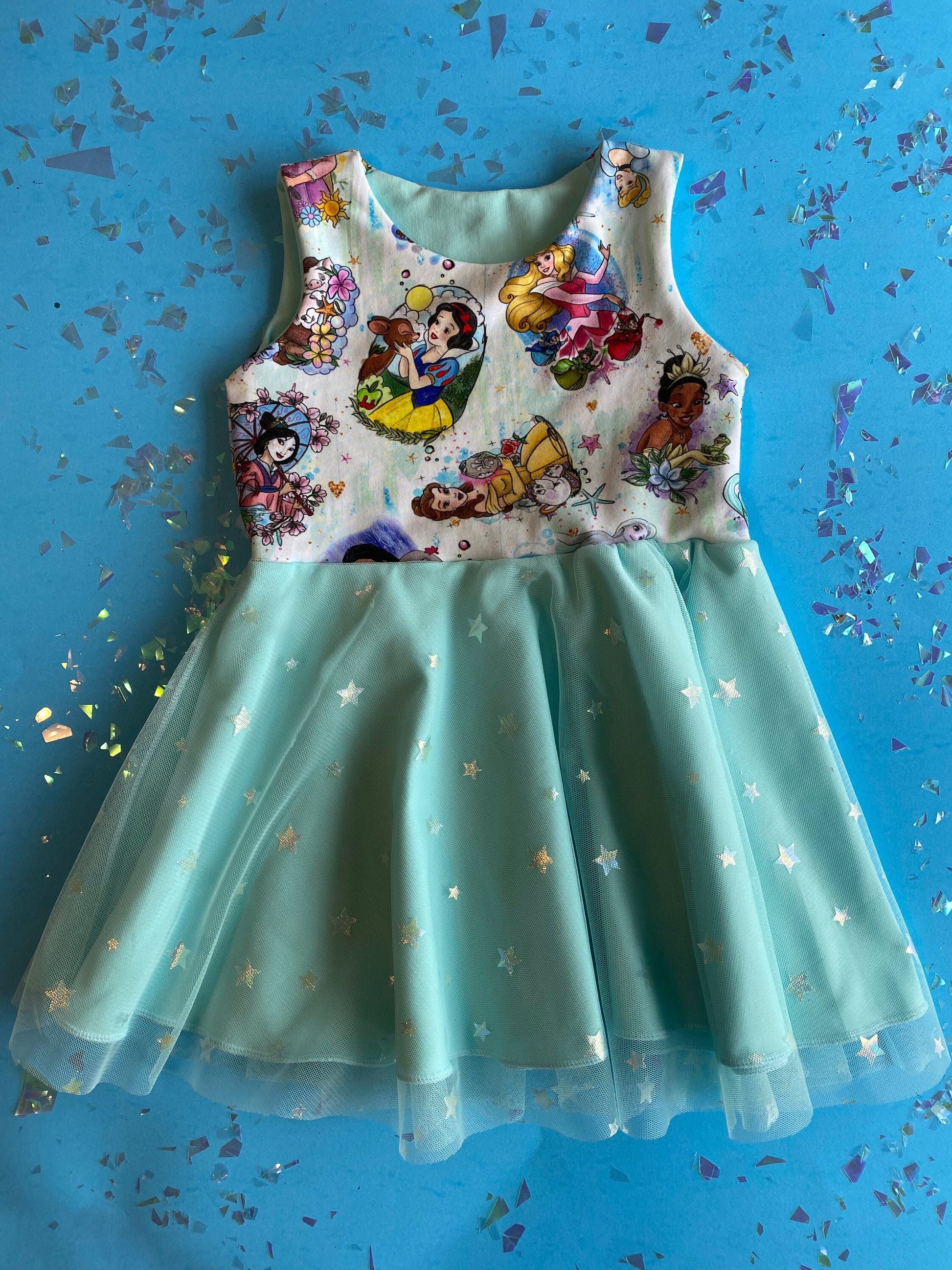 Multi Princess Dress thetwirlco Snow White, Sleeping Beauty, Princess Tiana, Pocahontas, Rapunzel, Anna, Elsa, Frozen