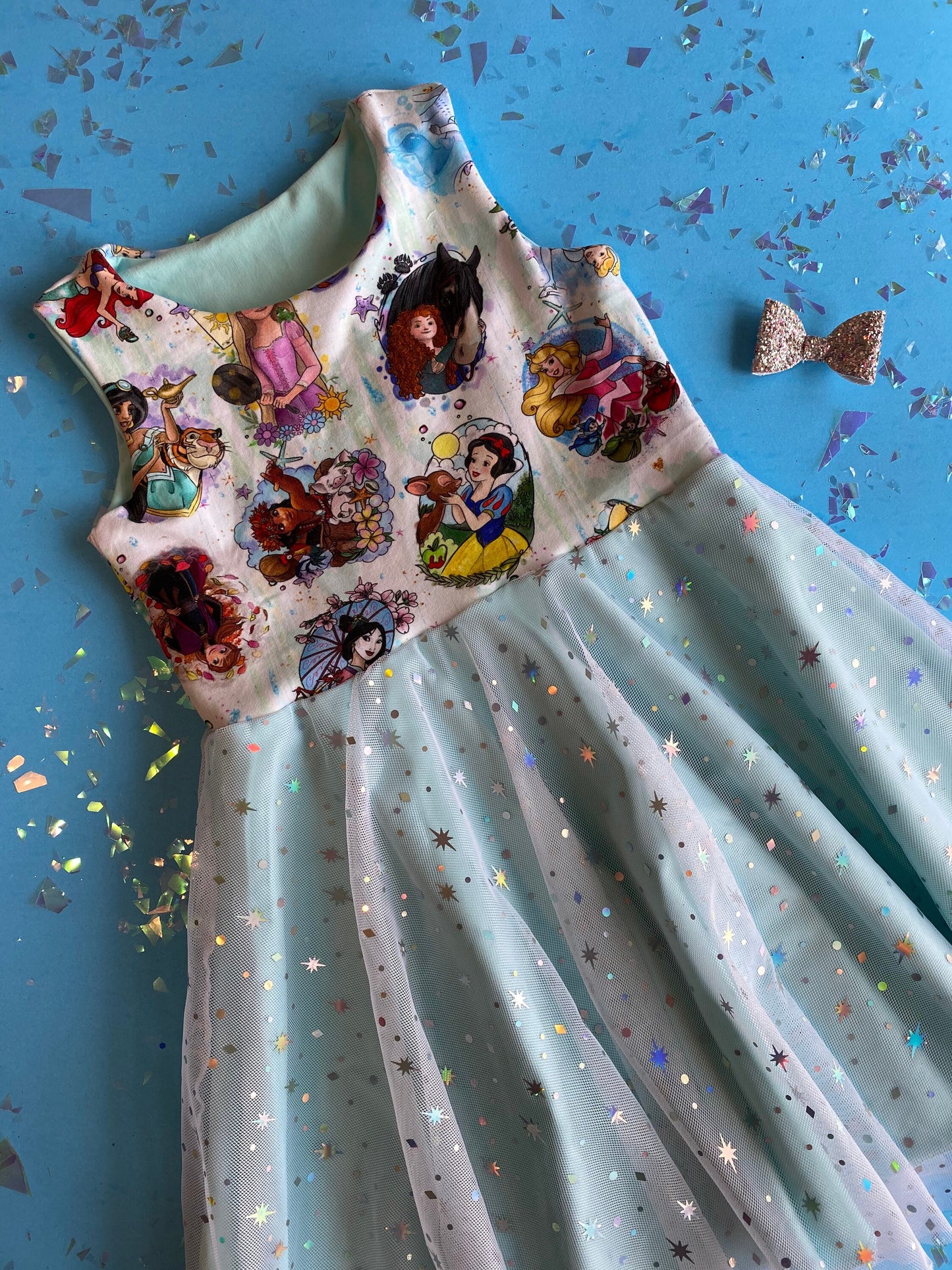 Multi Princess Dress | thetwirlco | Snow White, Sleeping Beauty, Princess Tiana, Pocahontas, Rapunzel, Anna, Elsa, Frozen