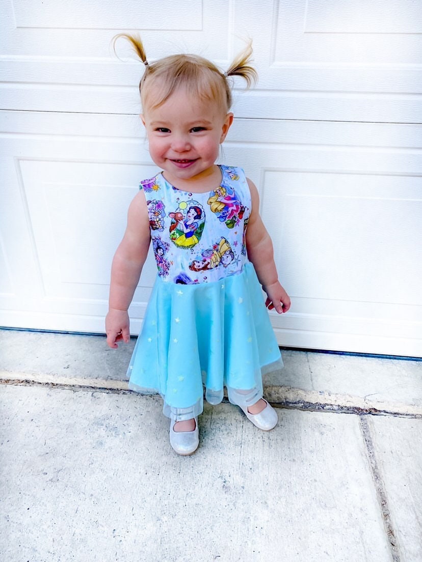 Multi Princess Dress | thetwirlco | Snow White, Sleeping Beauty, Princess Tiana, Pocahontas, Rapunzel, Anna, Elsa, Frozen